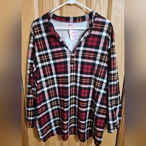 feathers Red Black Plaid Button Henley Blouse